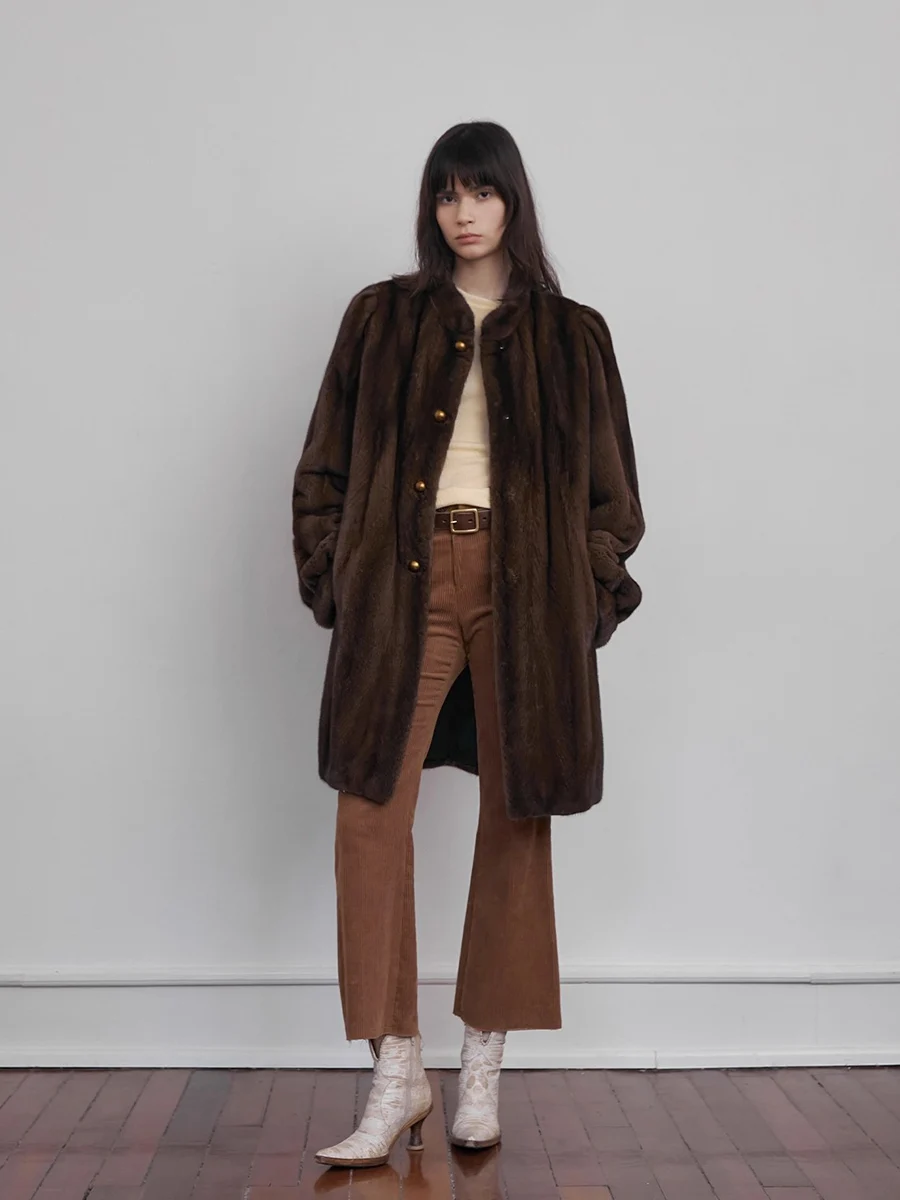 ラウタロ 冬用 高級 エレガント 厚手 暖かい ふわふわ ソフト ブラウン フェイクミンク ファーコート レディース ミッドセンチュリー モダン ヴィンテージ ファーリー オーバーコート