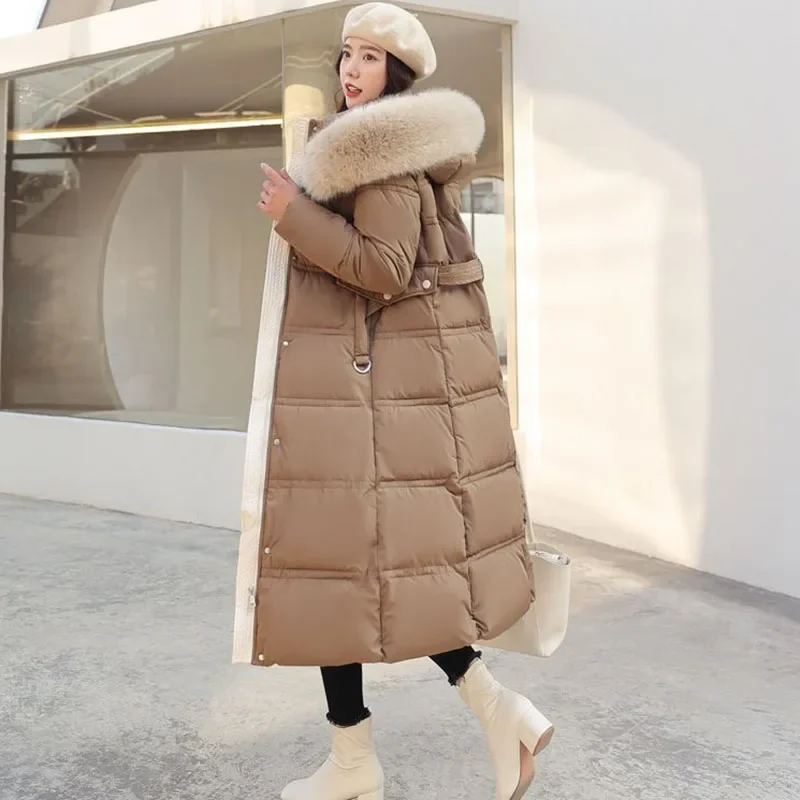 New Women's Large Hair-Collar Down Jacket Long Winter Coat Female Korean White Coats Snow Hooded Parker Overcoat Black