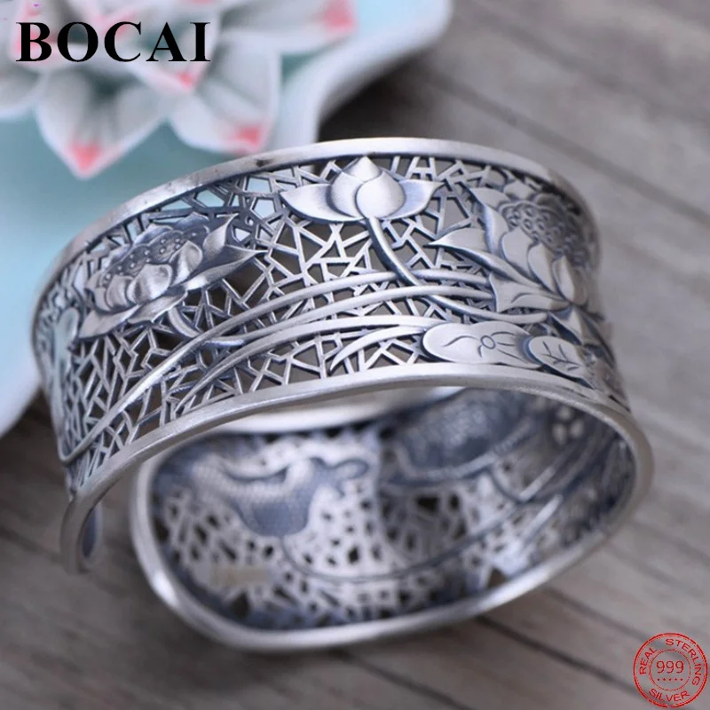 BOCAI S999 Sterling Silver Bangle Matte Lotus Six Characer Truth New Fashion Elegant Hollow Women's Bracelets Free Shipping