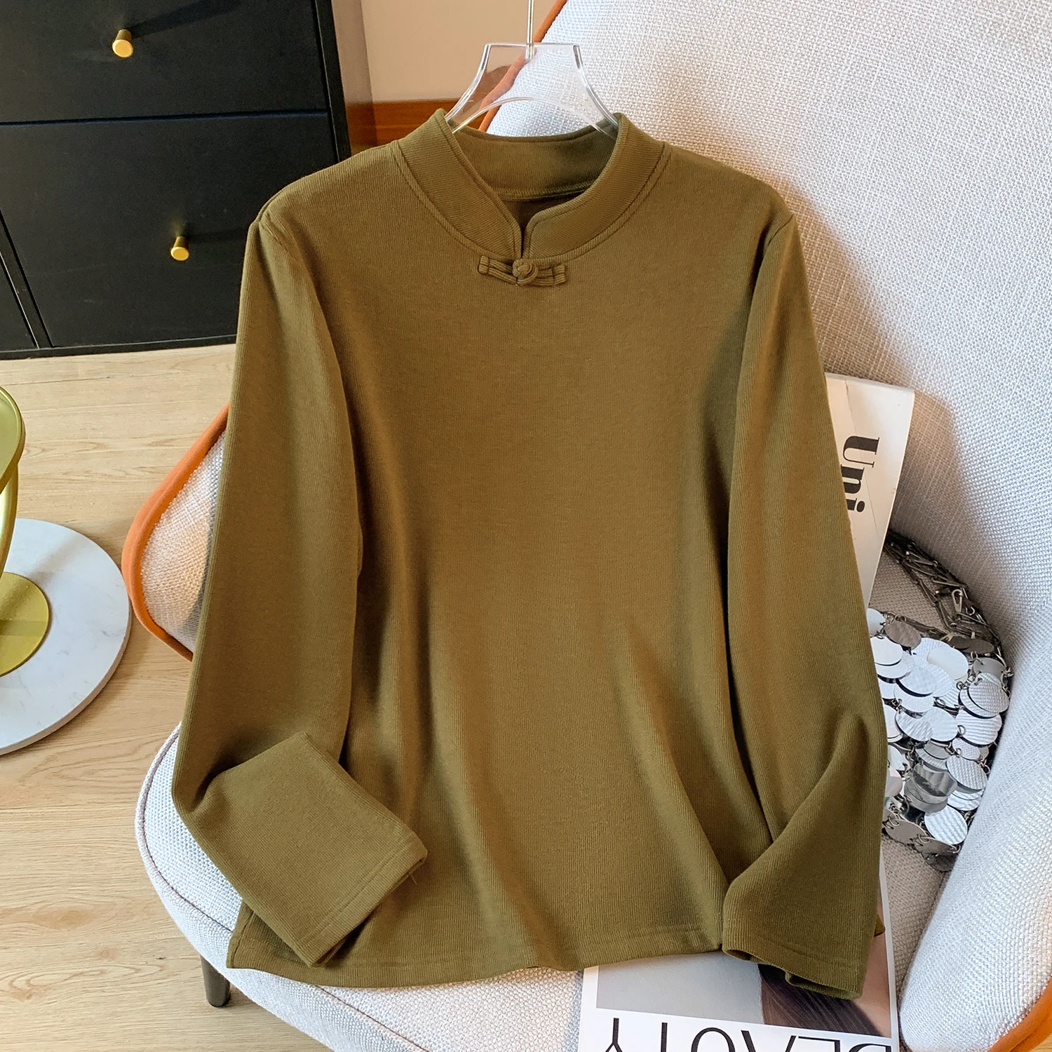 Ele Chinese Sle Long Sve T-irt レディース ベース irt QiPao トップ 韓国版 ルーズフィット カラー デルボ生地