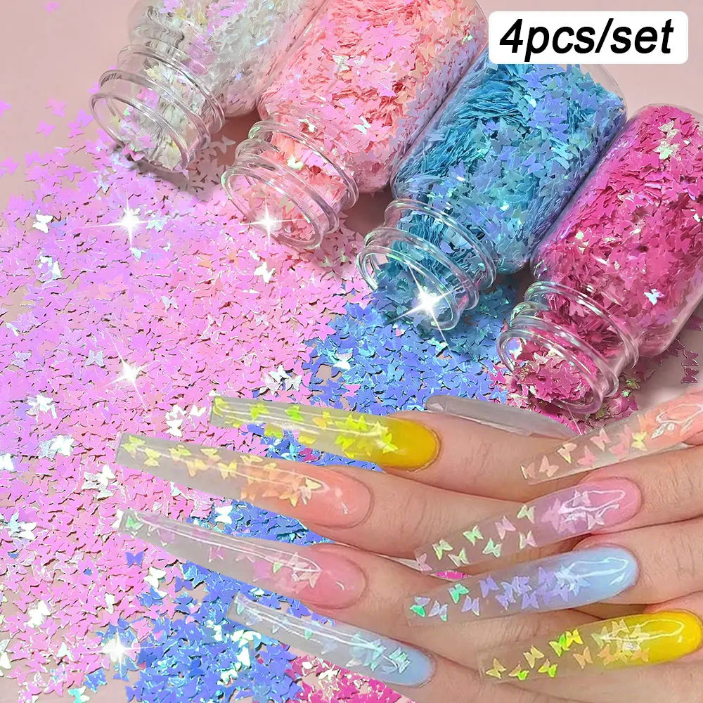 4jar Flocos de Unha Borboleta Iridescentes Brilhantes Holográficos Branco Rosa Azul Vermelho, Lantejoulas de Unha Borboleta, Pingentes de Unha Borboleta de Resina