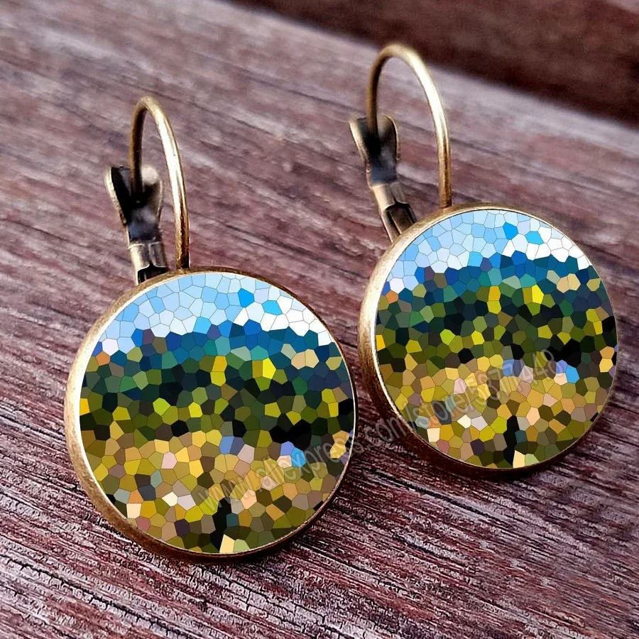 2023 lovely Mosaic Pattern Women\'s Earrings Abstract Women\'s Jewelry Glass Cabochon Stud Earring