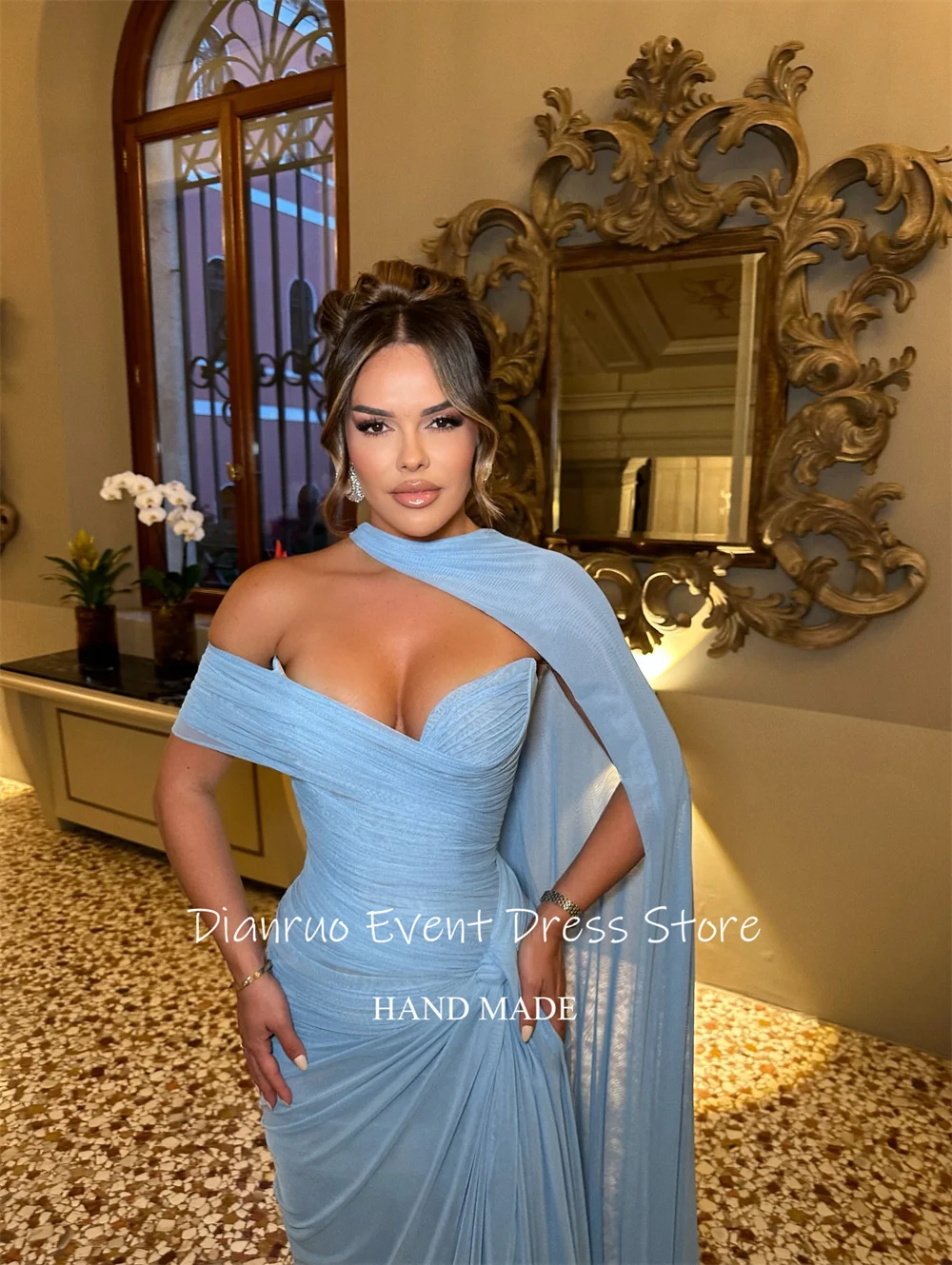 Dianruo ワンショルダーケープドレープイブニングドレス A ライン恋人 Vestidos デ フェスタシフォンプリーツウエディングドレス 2025 カスタマイズ