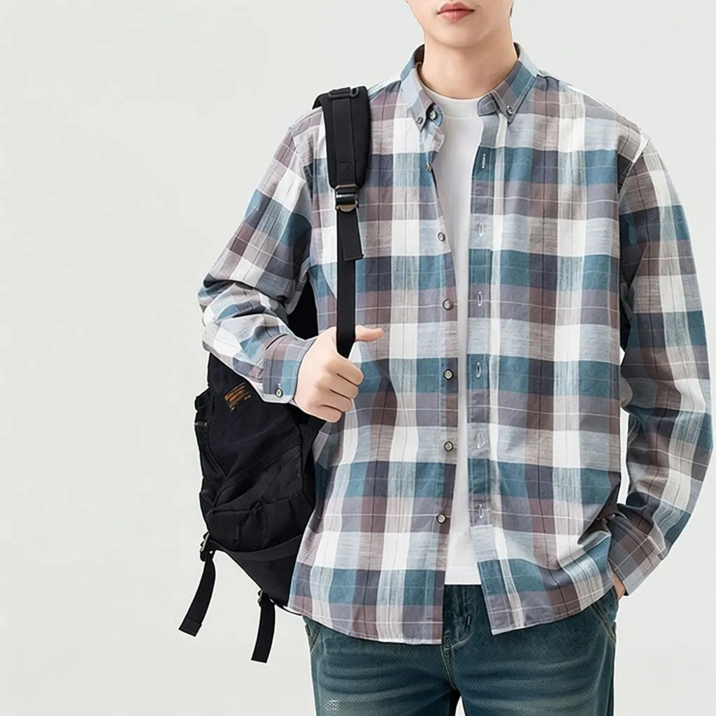 

Men's Long Sleeve Shirt Gradient Fashion Plaid Casual Shirt Spring Summer High End Feeling Cotton Material Simple Style