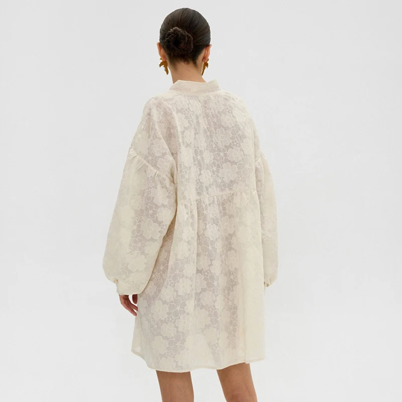 Dolce camicia jacquard abito manica lunga volant scollo a V donna mini abito sexy manica a sbuffo abito corto ampio monopetto