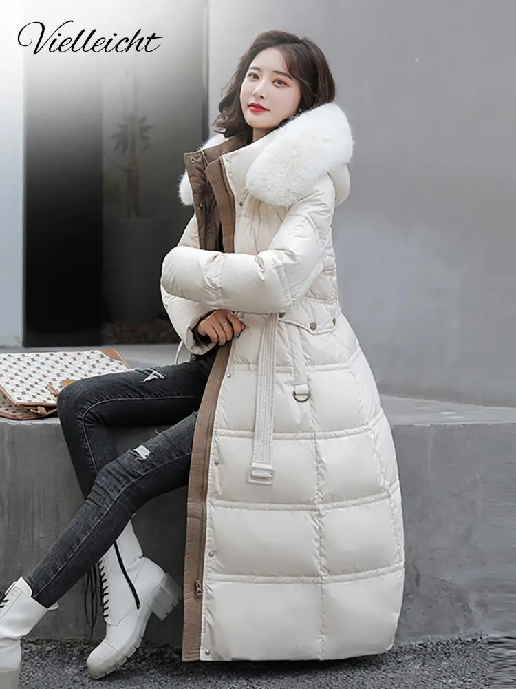 Vielleicht Winter Long Parkas for Women Hooded Fur Collar High Quality Warm Thick Female Coat Snow Wear Jacket Clothes With Belt