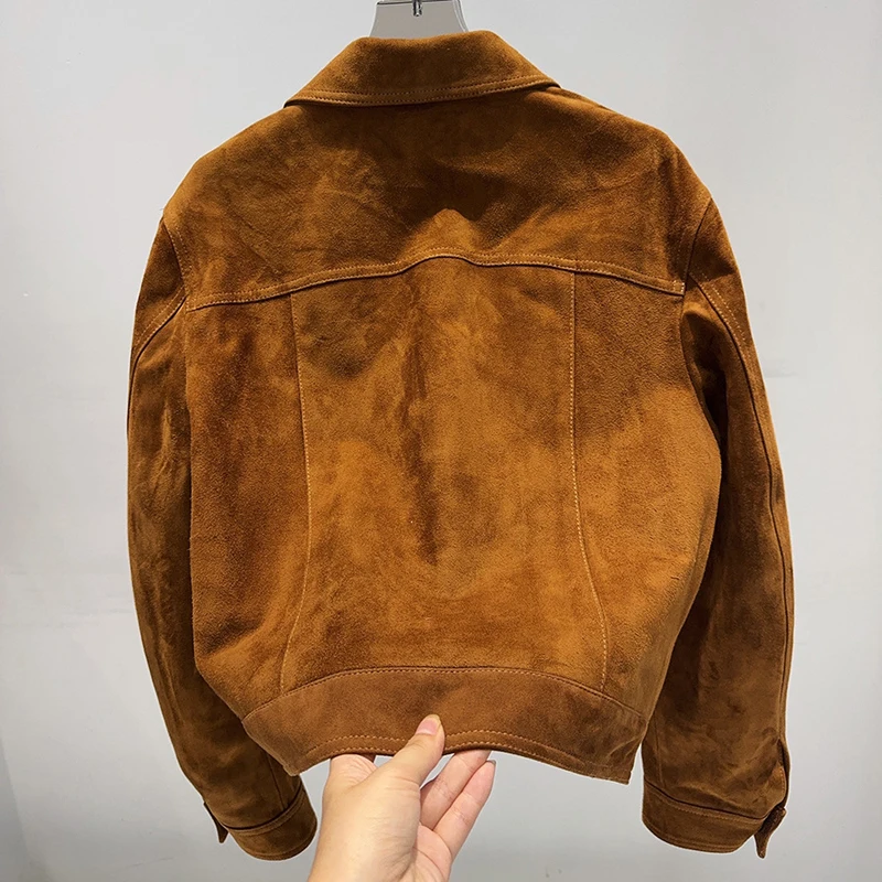 カジュアルブラウン/コーヒー本革ショートジャケット 2026 新しい女性用ゴートスキンスエードクラシックオートバイレザージャケットコート ファム