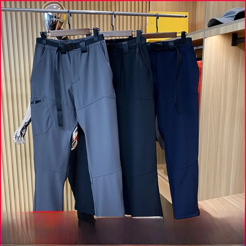 

Men's Casual Fce Lined Thiened Straight Leg Work Trousers Faionable Winter Warm Belted Waist Cargo Pants