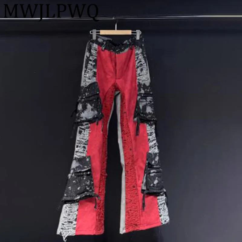 

MWJLPWQ Wooster Eugene Design 2025 Новые лоскутные брюки для мужчин и женщин из искусственной кожи красного цвета 12269