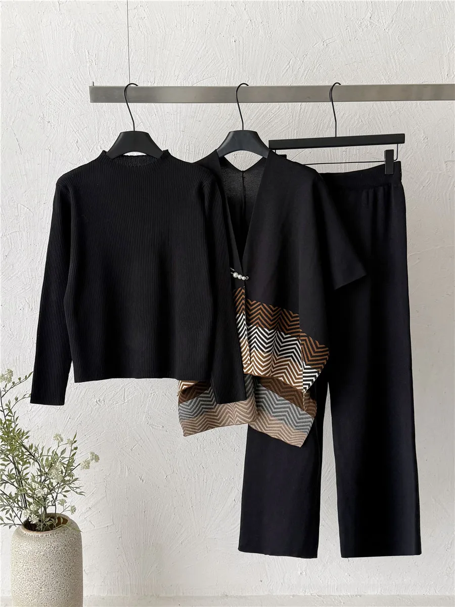 

Fall 2026 Knitted Set Women's Overhead Shirt Color Block Shawl Wide Leg Pants Three Piece Trendy Casual Fashion Ensemble