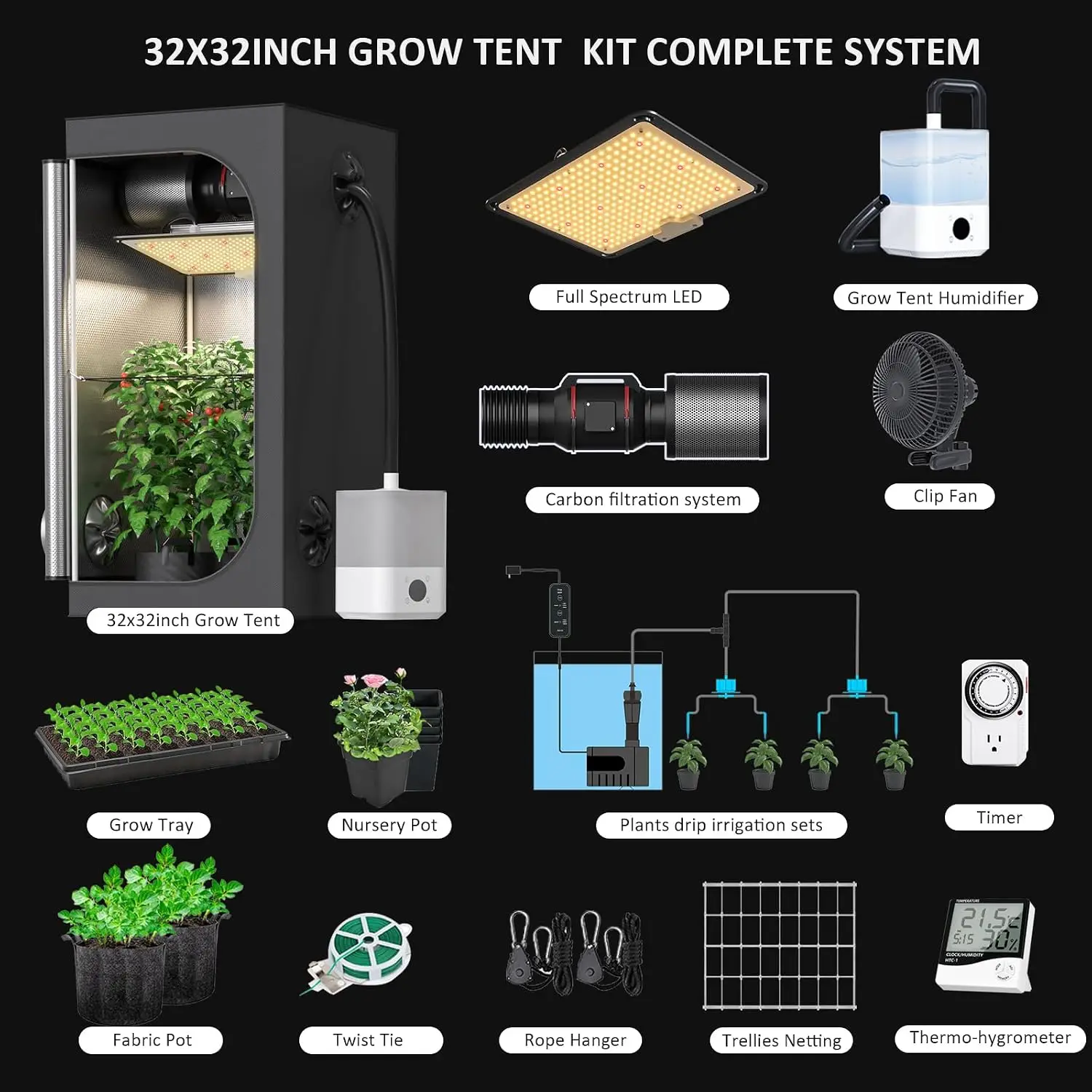 Upgrade Integrated Auto Grow Tent Kit Complete Kit, S1000 LED Grow Light, 32