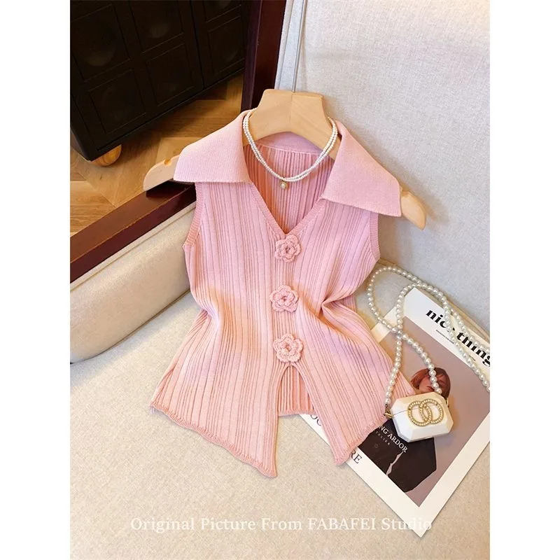 Gilet con bretelle lavorato a maglia con fiori tridimensionali rosa francese Colletto POLO con temperamento sottile estivo da donna Top corto senza