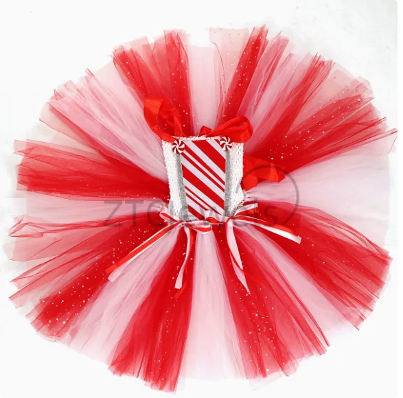 فستان توتو للفتيات لعيد الميلاد على شكل قصب الحلوى باللون الأحمر والأبيض اللامع زي السيدة سانتا كلوز للأطفال فساتين حفلات عيد الميلاد للعام الجديد #6