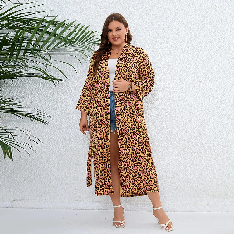 

Large size sunscreen shawl nightgown loungewear vacation jacket leopard print extended top fashion simple temperament elegant va