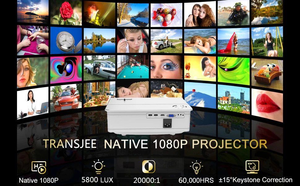 Transjee – projecteur Led haute luminosité 1920x1080P Full Hd, 20000:1, Support de Correction Keystone, LCD