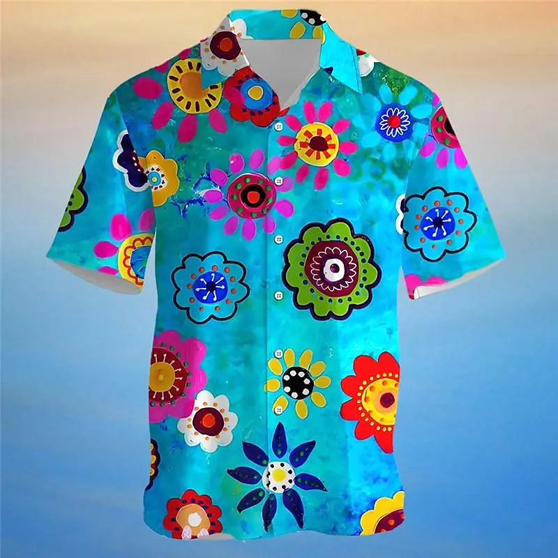 Floral Men\'s Vacation Hawaii 3D Printed Shirt Outdoor Hawaiian Vacation Summer Cuffed Short Sleeve Yellow Shirt