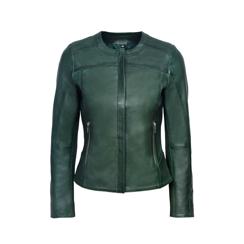 

Classic Women Genuine Lambskin Real Leather Jacket Biker Outwear Green Coat