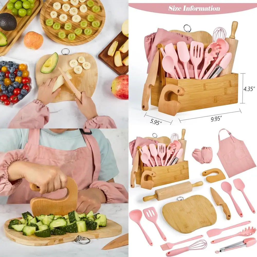 

Junior Chef's Essential Kitchen Tools Set - Safe Cooking Utensils with Knife, Cutting Board, Rolling Pin, Apron & Basket for Kid