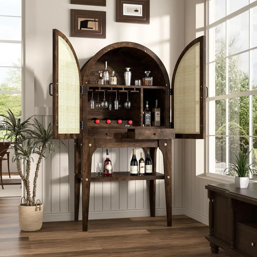Walnut Arched Wine Cabinet with Rattan Door, Bar Rack & Glass Holder, Kitchen Pantry Storage