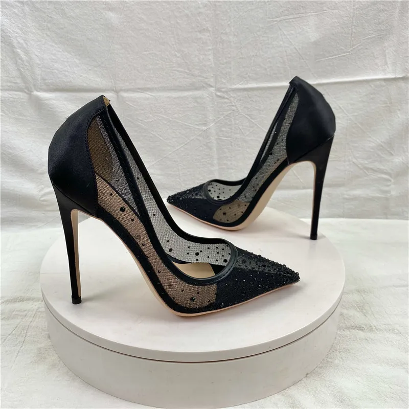 Keshangjia Rhinestones Women Patchwork Black Satin Gauze Pointy Toe High Heel Party Sho0es Elegant Stiletto Pumps33-45 Yards