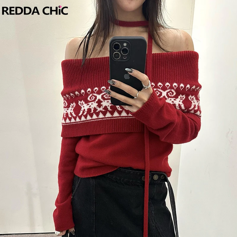 

REDDACHiC Fair Isle вязаный красный свитер с длинными рукавами и шарфом на одно плечо, свободный пуловер, джемпер, топ, рождественская гостиная, осенняя одежда