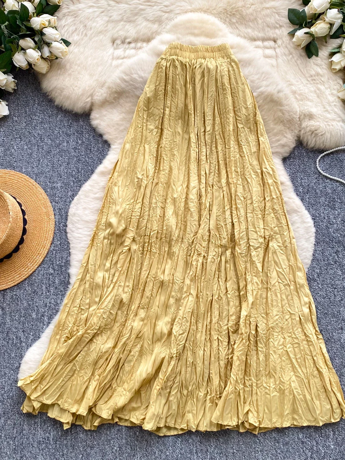 Women Yellow A-Line Skirt Y2K Gyaru Long Skirt Vintage French Style Elegant High Waist Midi Skirt for Women Spring Autumn 2026