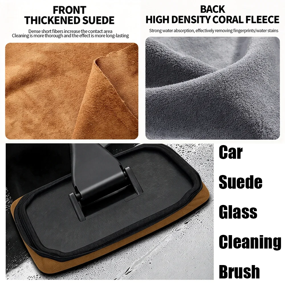 Car Suede Glass Cleaning Brush Double Sided Suede Coral Fleece Window Cleaner Removable Washable Cloth Cover Handheld Tool Brush