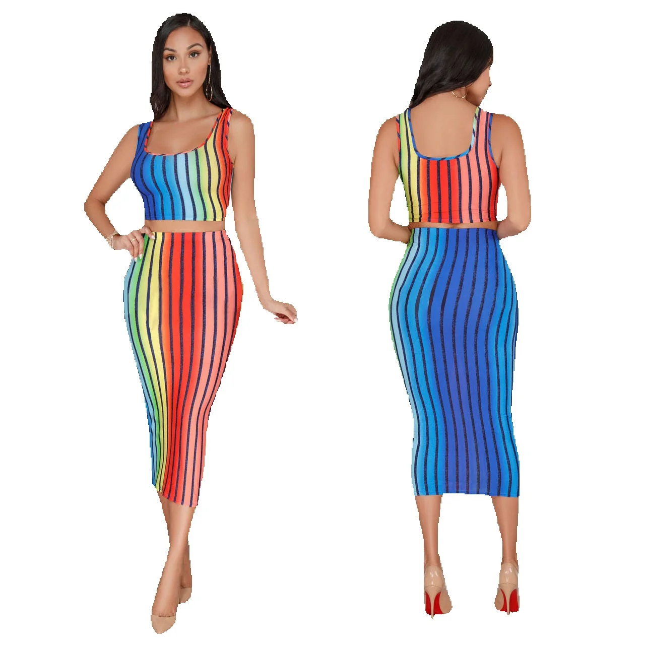 

M754 Summer 2023 New Sexy Rainbow Stripe Two Piece Set