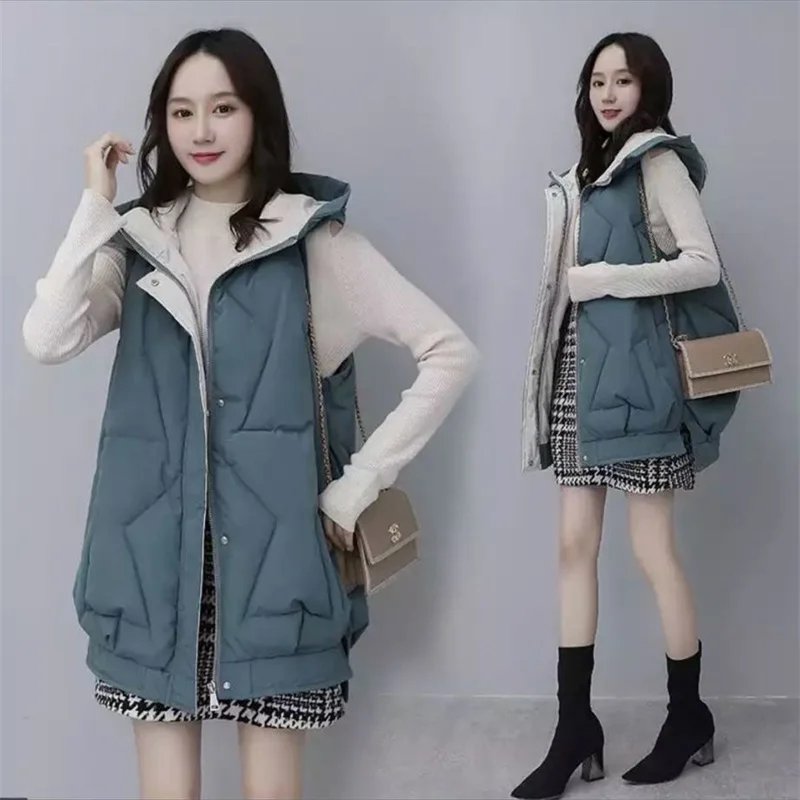 

Autumn Vest Female New Korean Vest Lantern Hooded Cotton-Padded Jacket Women Long Loose Meat Cover Coat Cardigan Vest Women Tide