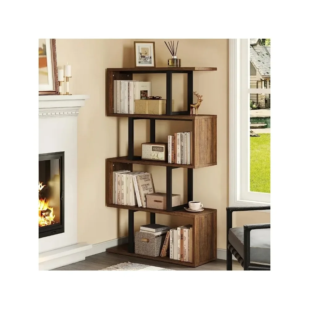 5-Tier Bookshelf, S-Shaped Z-Shelf Bookshelves and Bookcase, Industrial Freestanding Multifunctional Decorative Storage