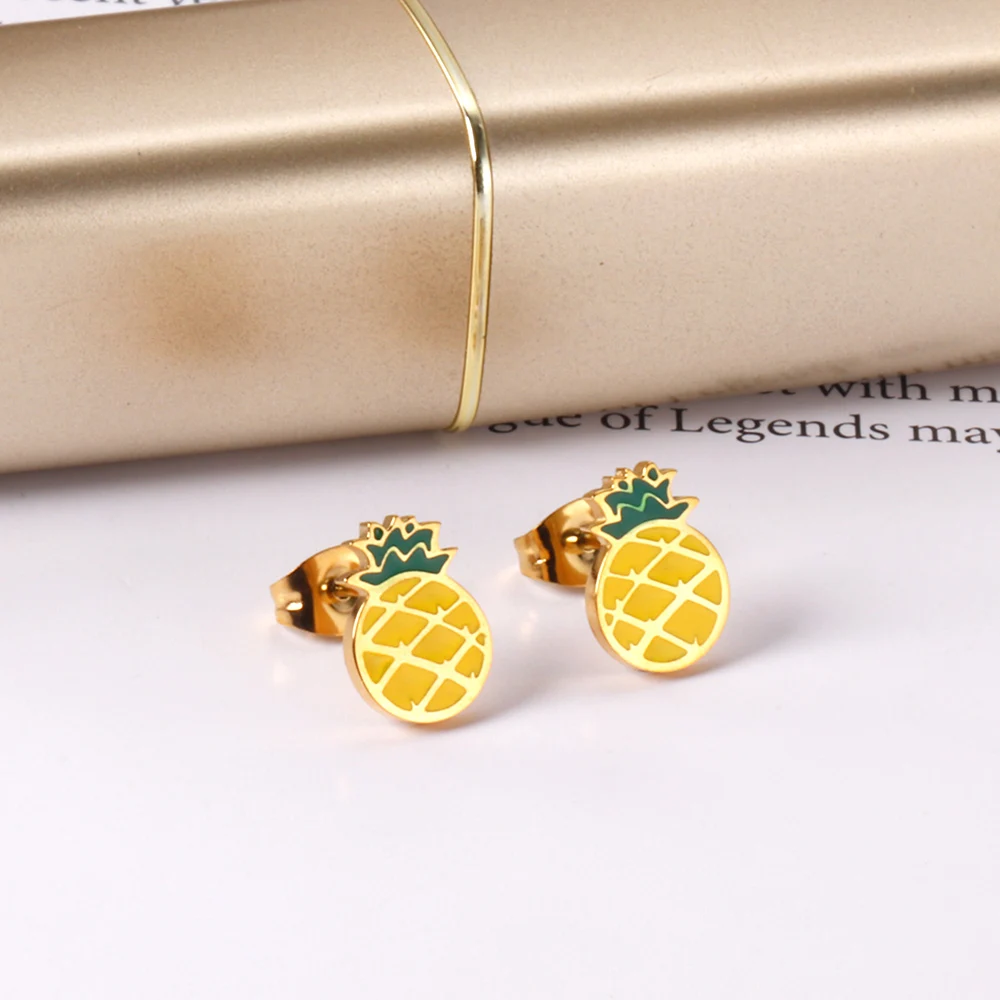 1 Paar niedliche Mädchen-Accessoires, Ananas-Ohrstecker aus Edelstahl, Tropföl, gelbe Früchte, zarter Piercing-Schmuck