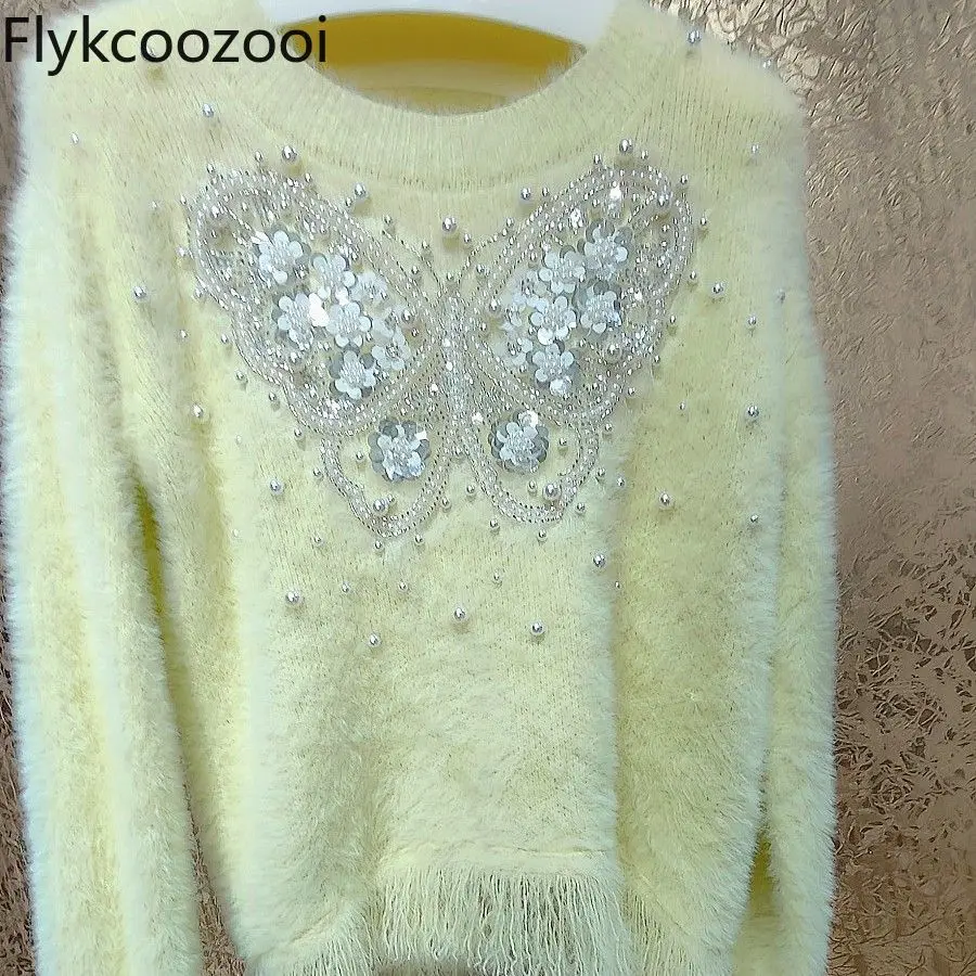 Hand-beaded Pearl Three-dimensional Large Bow Fringe Fluffy Sweater Korean Fashion LOOSE FIT Свитер Женский Pullover