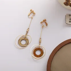 Vintage Gold Color Brown Small Round Circle Clip Earrings Simple Geometric Long Clip on Earrings for Women Party Non Pierced