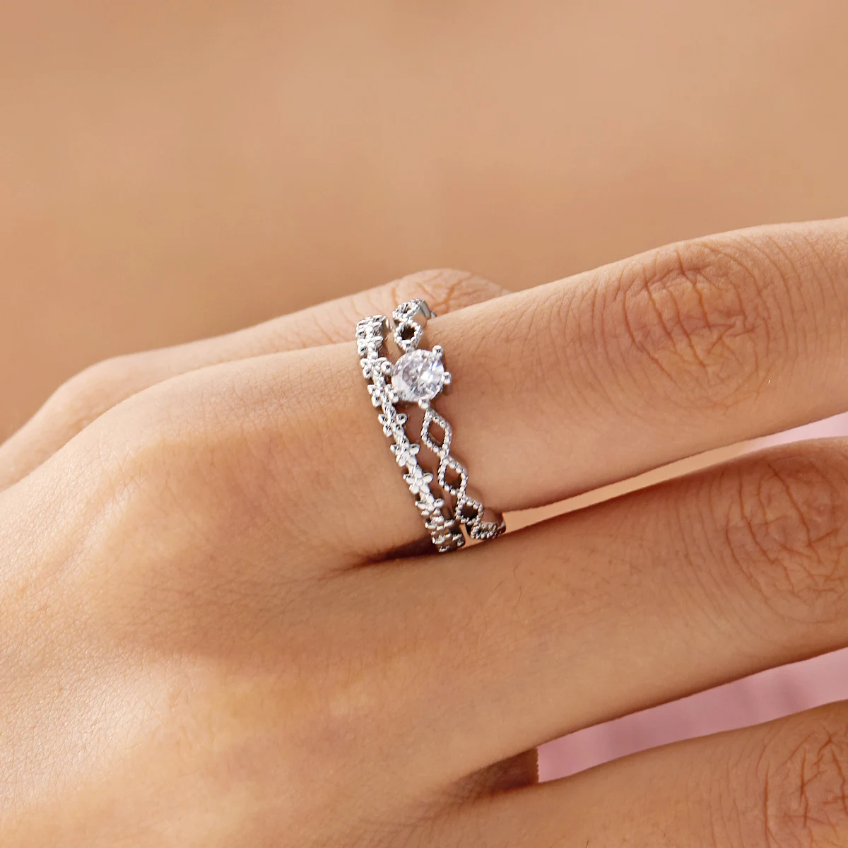 

Ladies Daily Wear Cross Diamond Flower Ring Adjustable Double Layer Double Row Zircon Open Hand Ring Geometric Index Finger
