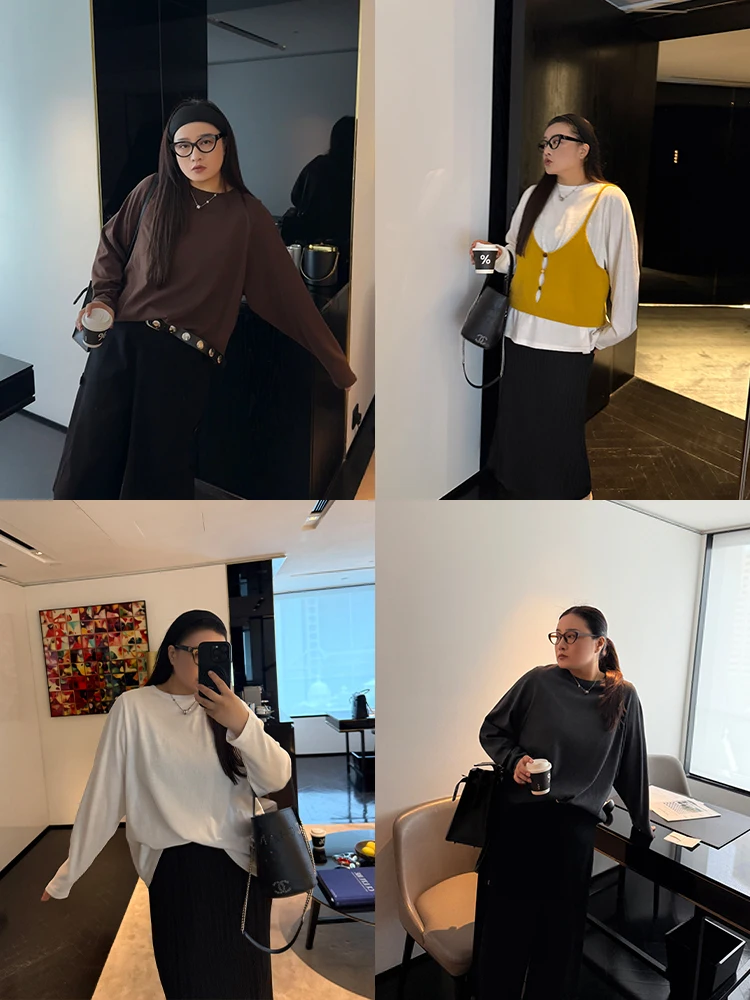 

Свободный крой, однотонный, простой, женский топ-футболка больших размеров, модель «карандаш», стильный, универсальный, стройнящий, от XiaoXin