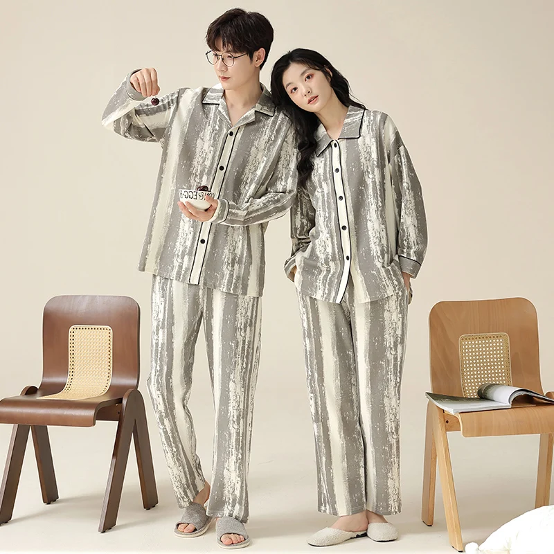 

Autumn Couple pajama sets Long Sleeve Cotton Women Sleepwear Turn-down Collar Women's Pajamas pijama mujer