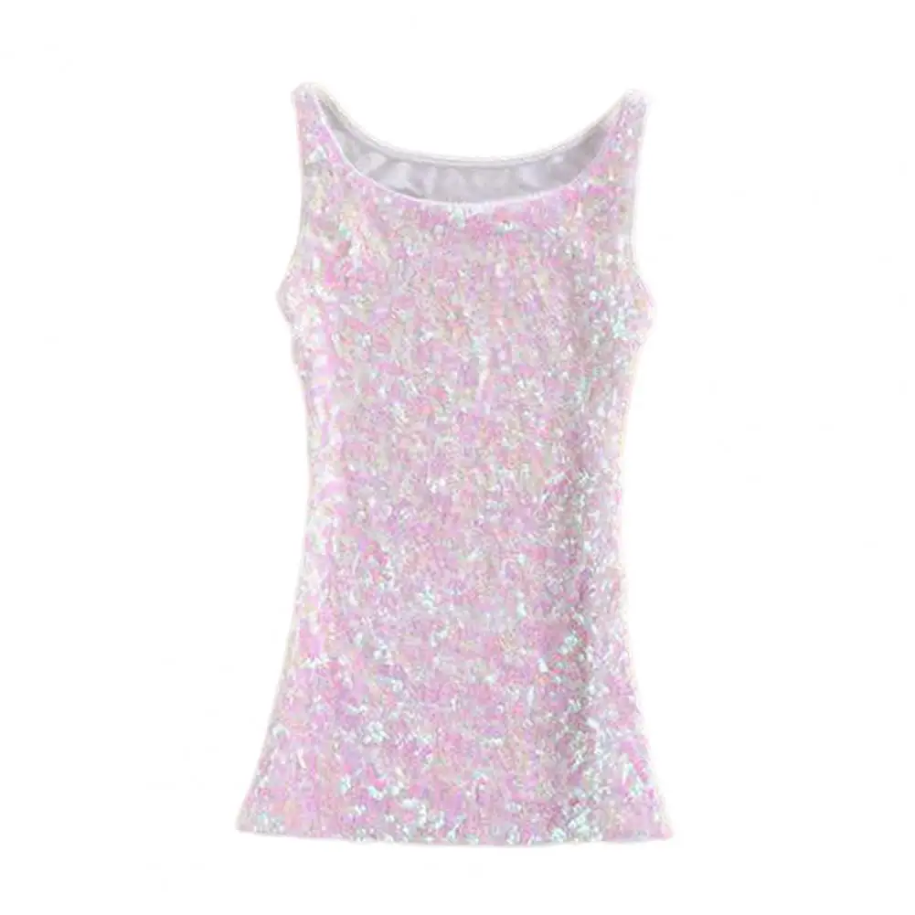 

Women Summer Vest Top Shiny Sequin Sleeveless O Neck Slim Fit Soft Pullover Elastic Sparkling Stage Show Performance Tank Top