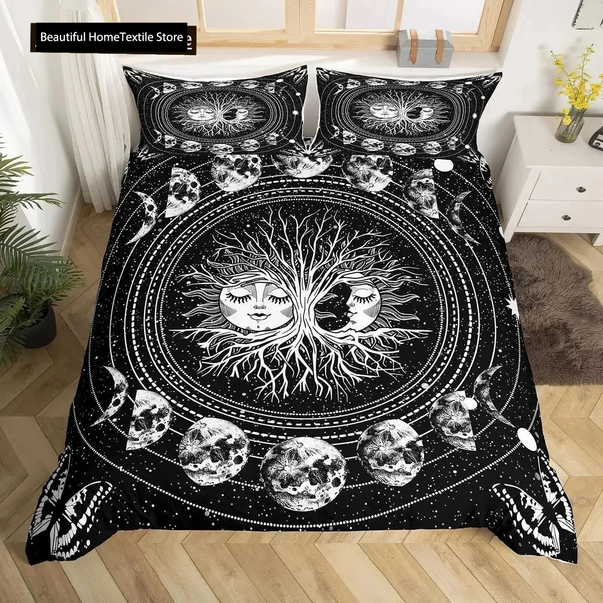 Mandala Duvet Cover Set Sun And Moon Comforter Cover Ties Exotic Style Black And White Botanical Floral Polyester Bedding Set