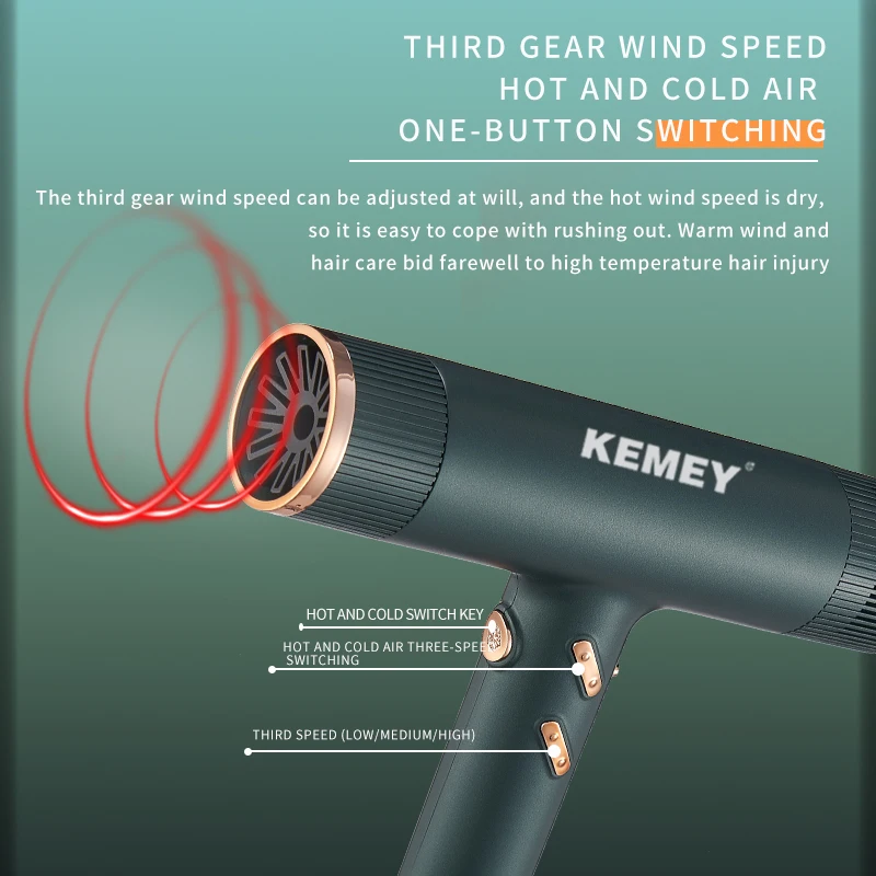 Kemei Professional Ionic Hair Dryer Powerful 1500W Fast Drying Low Noise Blow Dryer 2 Concentrator Nozzle 1 Diffuser Attachments