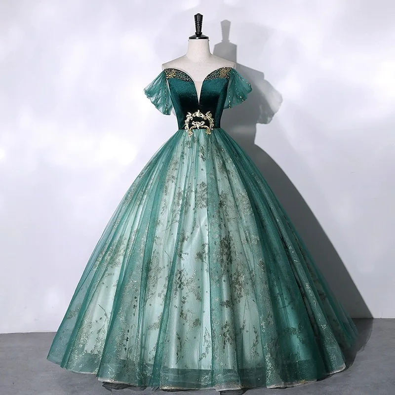 2025 Vocal Art Exam, Piano Performance, bel canto Solo Performance Dress, Ink Green Velvet Fashion Evening Dress, Female Host