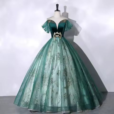 2026 Vocal Art Exam, Piano Performance, bel canto Solo Performance Dress, Ink Green Velvet Fashion Evening Dress, Female Host
