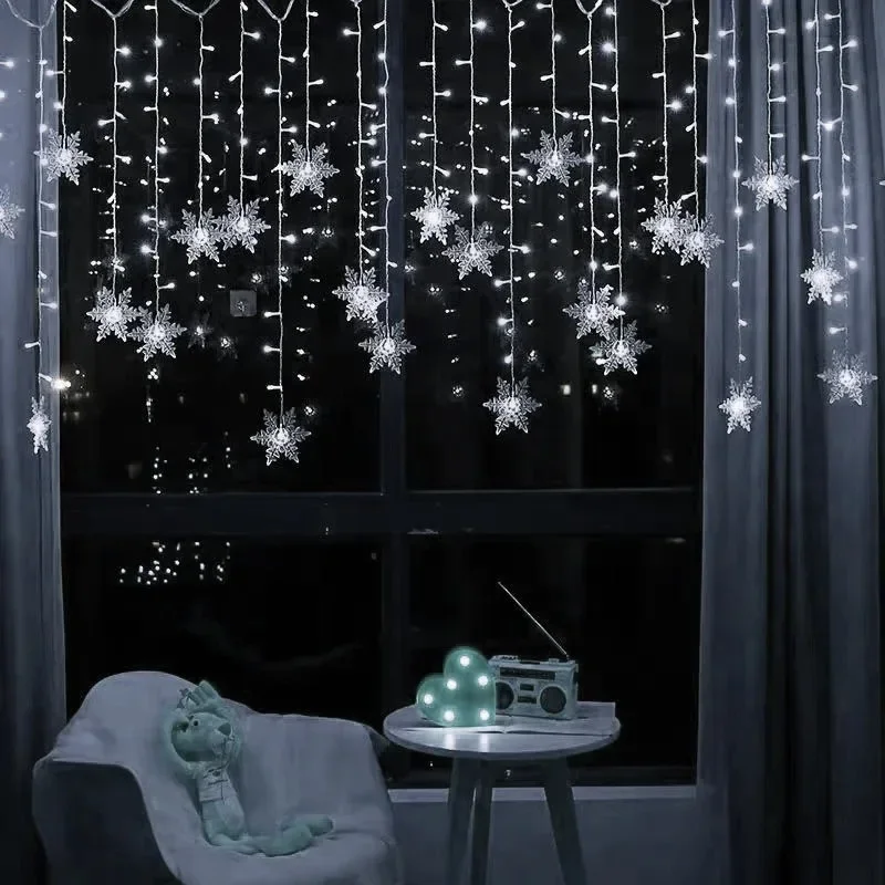 Flocos de neve led cortina luzes da corda, luz da cortina da janela de natal plugue da ue 220v para o quarto pátio natal festa de aniversário do casamento