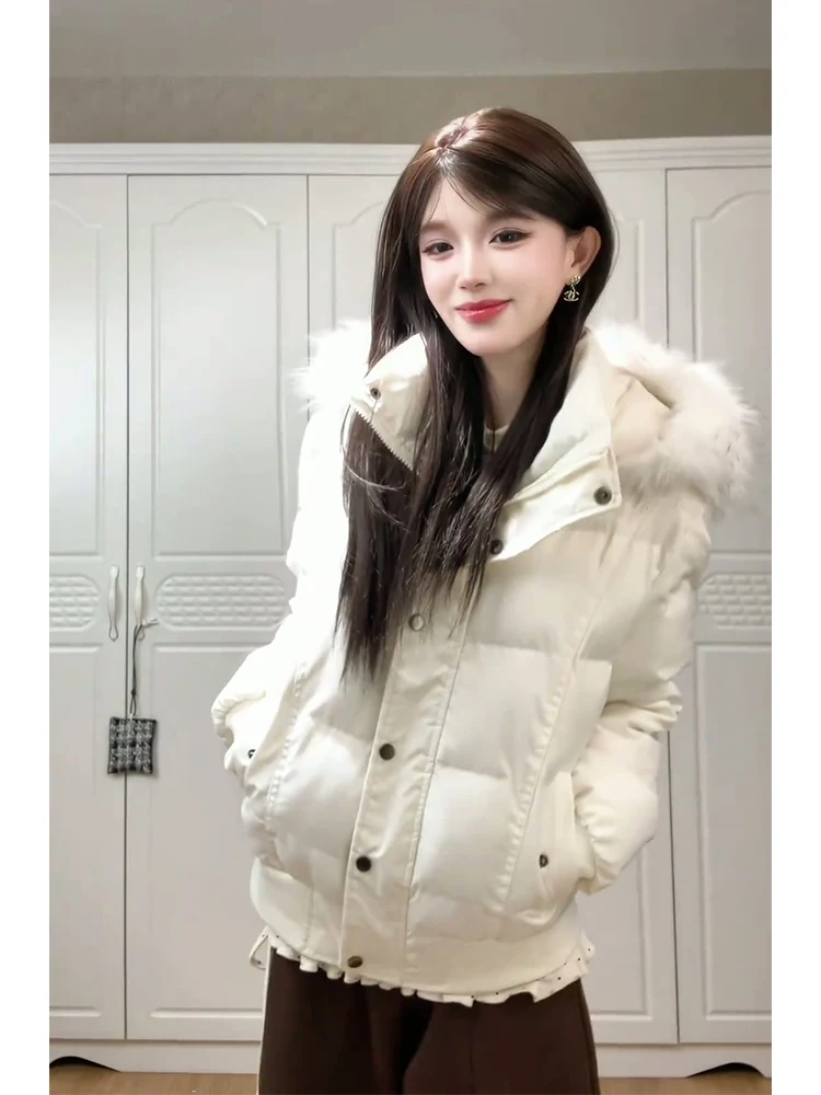 

Ретро-куртка в американском стиле, белая, с капюшоном, на пуху, женская, утепленная, теплая, универсальная, простая, короткая, в корейском стиле, для повседневной носки, свободного кроя