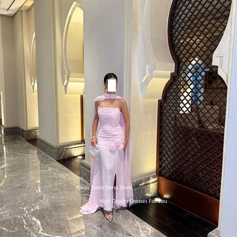 Xikuo Strapless Pink Chiffon Evening Dress 3D Flowers Ruched Prom Dresses Side Slit Straight Vestidos De Fiesta Mujer Customized