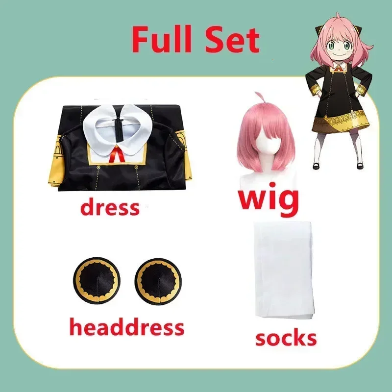 Anime Spy Family Anya Fake Cosplay Costume Toddler   Anya Cospla Kawaii Black Dress Party Clothes Wig Halloween Women