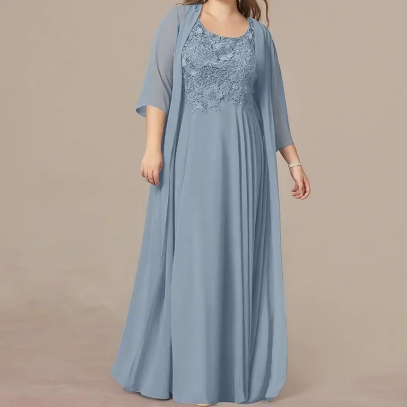 

Modern Plus Size Scoop Mother of Bride Dresses with Lace Three Quarter Wedding Party Dresses for Women