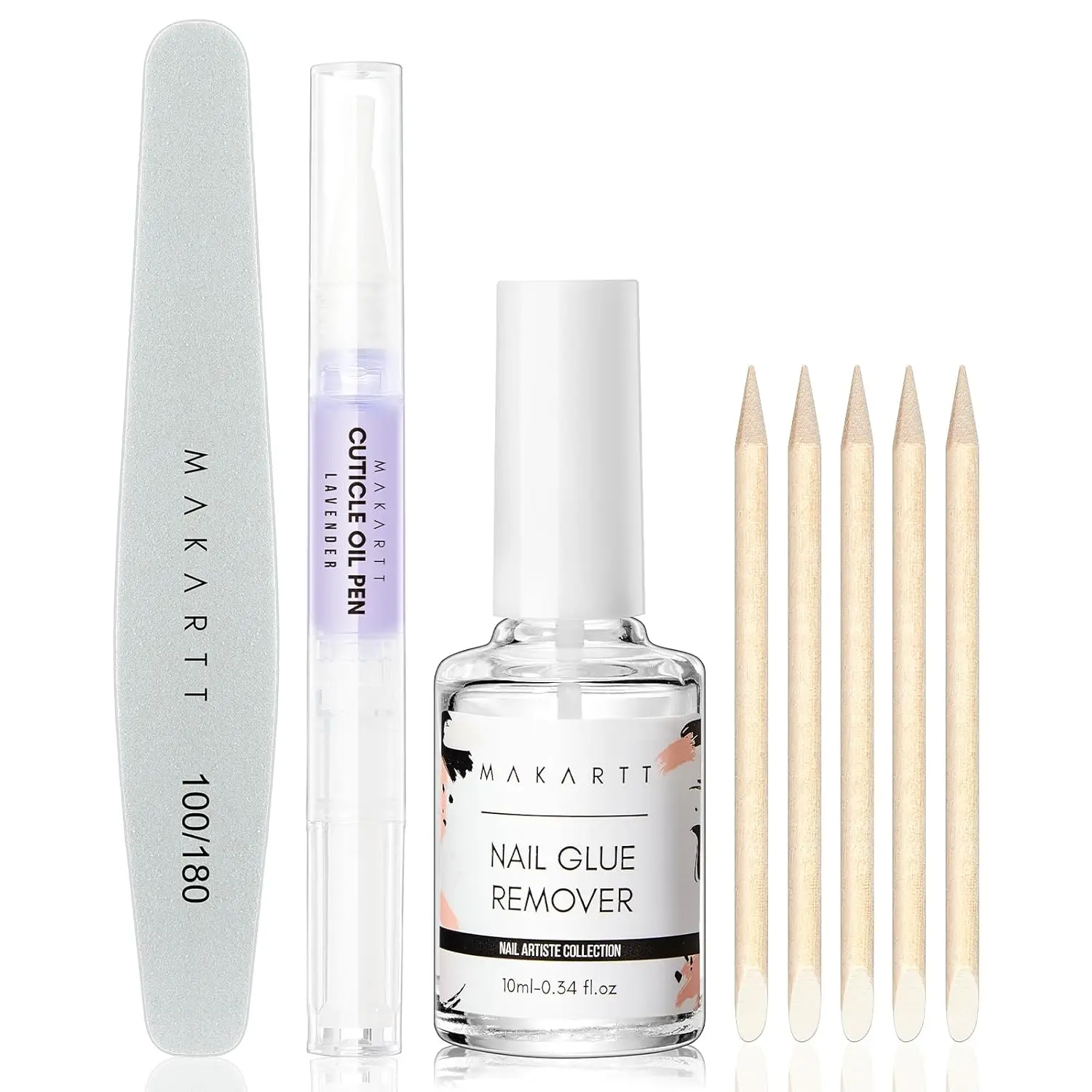 Makartt Nail Glue Remover Kit, for Press on Nails, 10ML Glue Off, 100/180 Grit Nail File Buffer, 5ML Cuticle Oil, All in One