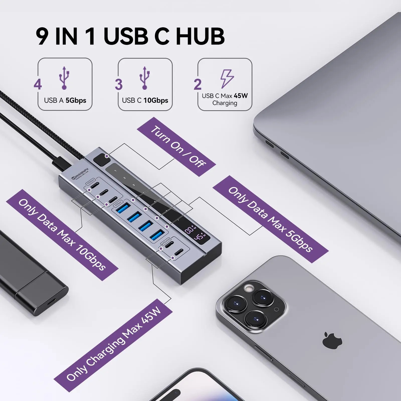 Minisopuru Powered USB C Hub with up to 45W Charging with 65W USB-C Power Adapter for Meta Quest Pro, Steam, iPad Pro, iPhone