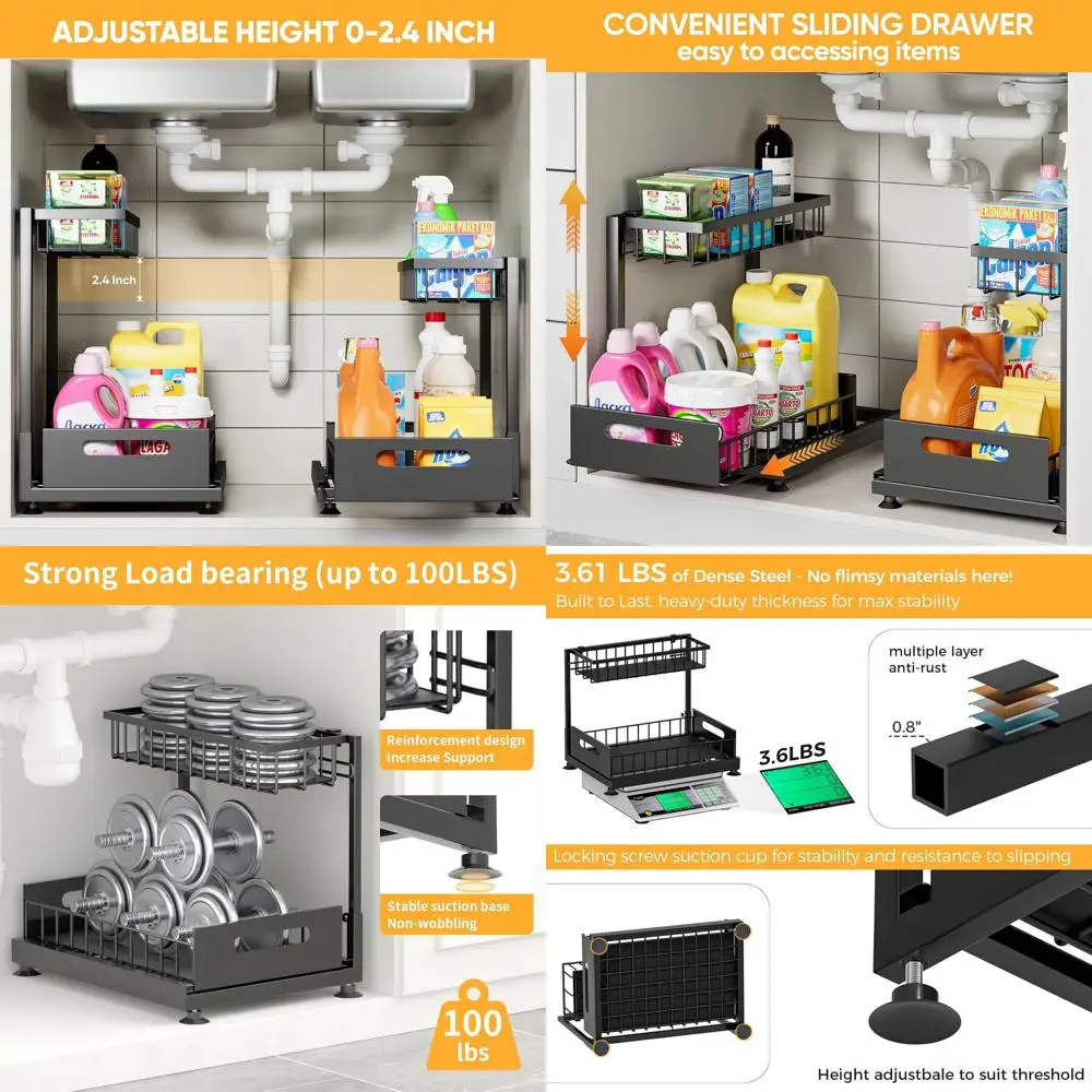 

2-Tier Adjustable Height Metal Pull-Out Racks for Kitchen and Bathroom Sink Storage Organizers