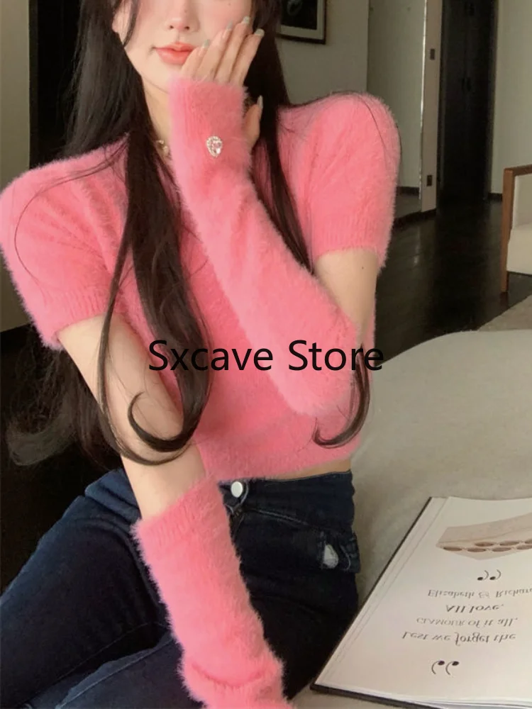 Fur Knitted Sweater Women Design Casual Outwear Chic Y2k Crop Tops Female Long Sleeve Korean Style Slim Pullover 2022 Spring